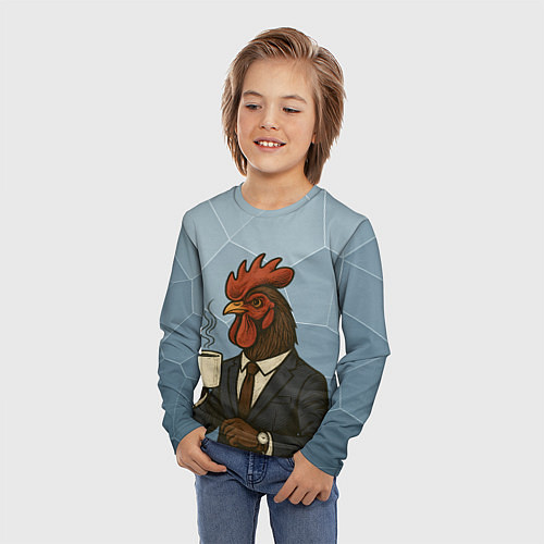 Детский лонгслив Петух бизнесмен с кофе / 3D-принт – фото 3