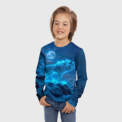 Детский лонгслив Волк на фоне зимнего пейзажа / 3D-принт – фото 3