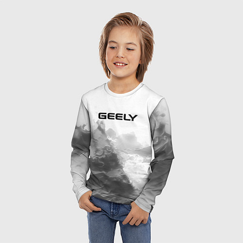 Детский лонгслив Geely на сером абстрактном фоне / 3D-принт – фото 3