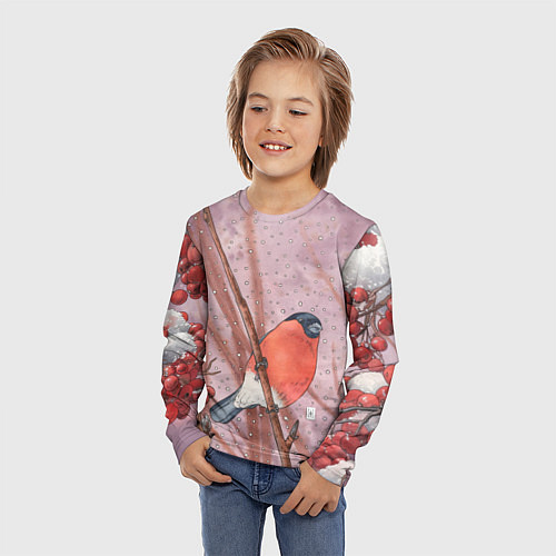 Детский лонгслив Акварельный снегирь в рябине / 3D-принт – фото 3