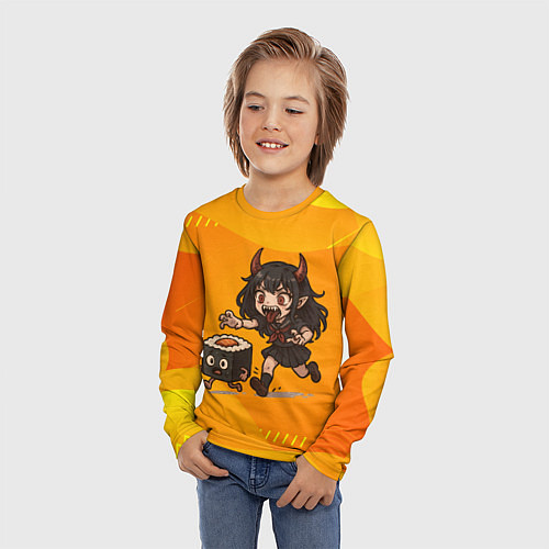 Детский лонгслив Девочка дьявол бежит за роллом / 3D-принт – фото 3