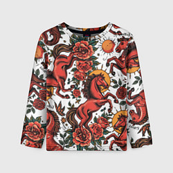 Детский лонгслив Красный конь в стиле татуировки