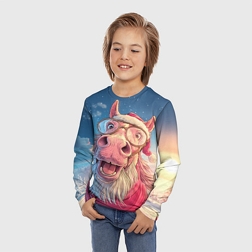 Детский лонгслив Радостный новогодний конь / 3D-принт – фото 3