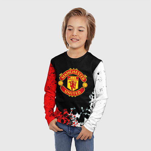 Детский лонгслив Манчестер Юнайтед краски абстрактные / 3D-принт – фото 3