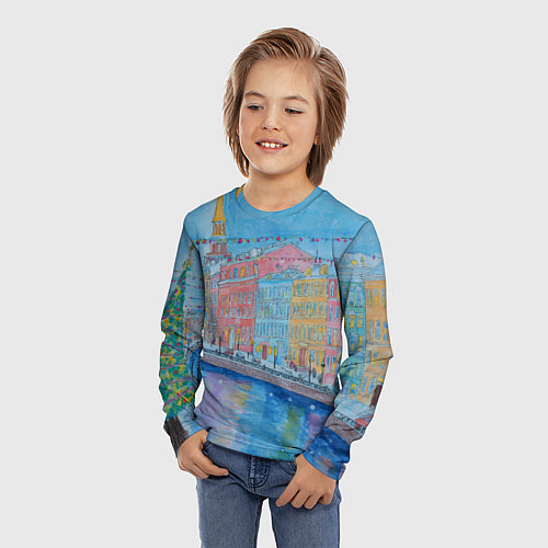 Детский лонгслив Новогодний рисованный Санкт-Петербург / 3D-принт – фото 3