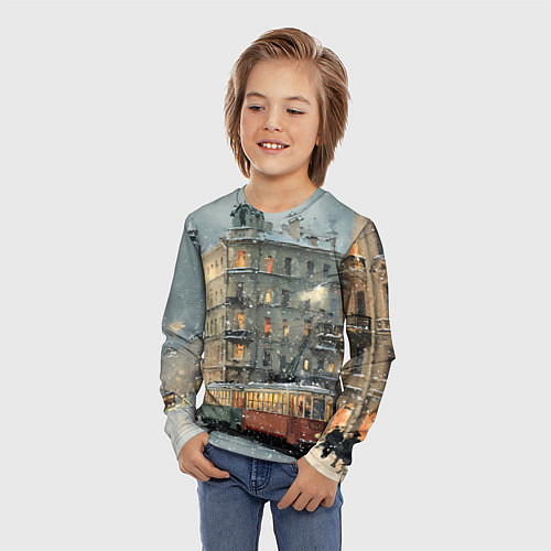 Детский лонгслив Трамваи в зимнем Санкт-Петербурге / 3D-принт – фото 3