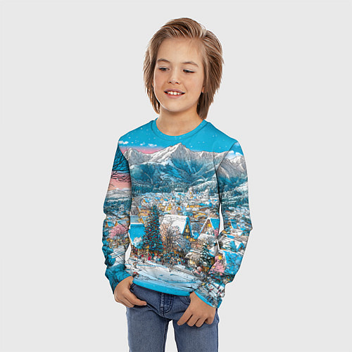 Детский лонгслив Новогодняя деревушка в горах / 3D-принт – фото 3
