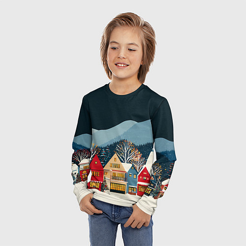 Детский лонгслив Новогодний городок в горах / 3D-принт – фото 3