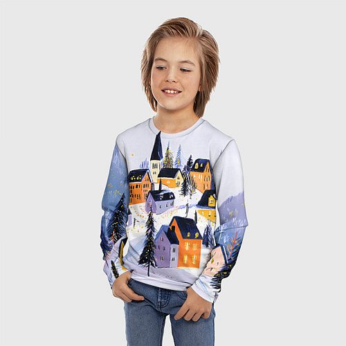 Детский лонгслив Новогодние домики на горе / 3D-принт – фото 3