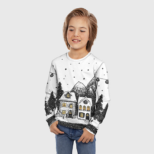 Детский лонгслив Черно-белый новогодний город / 3D-принт – фото 3