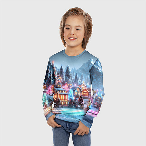 Детский лонгслив Городок в новогодних огоньках / 3D-принт – фото 3