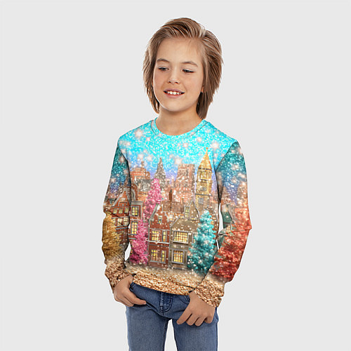 Детский лонгслив Новогодний город в блестках / 3D-принт – фото 3