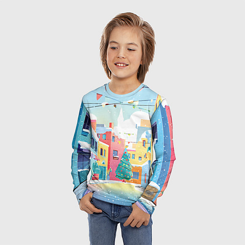 Детский лонгслив Разноцветный новогодний дворик / 3D-принт – фото 3