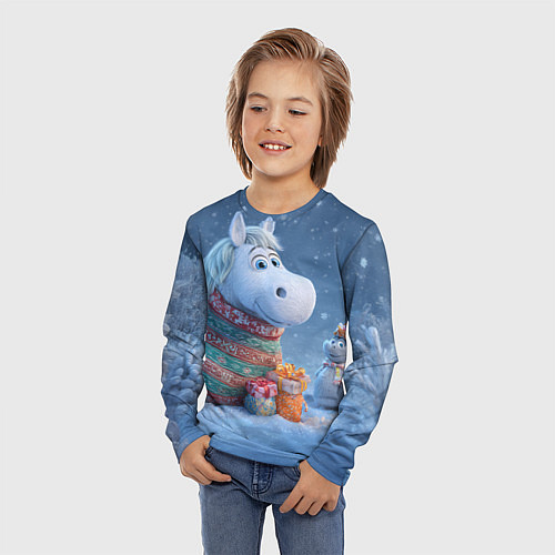 Детский лонгслив Новогодняя лошадь с подарками / 3D-принт – фото 3