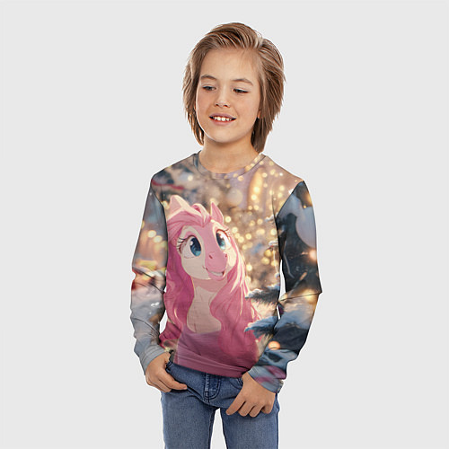 Детский лонгслив Удивленная лошадка - Новый год / 3D-принт – фото 3