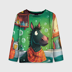 Лонгслив детский Лошадь моется в ванной, цвет: 3D-принт