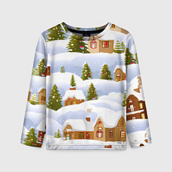 Лонгслив детский Новогодние домики и елочки, цвет: 3D-принт