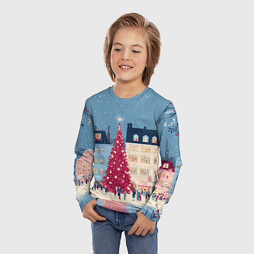 Детский лонгслив Новогоднее гуляние у красной елки / 3D-принт – фото 3