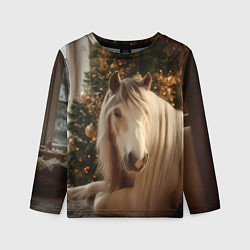 Лонгслив детский Белая лошадка лежит у новогодней елки, цвет: 3D-принт