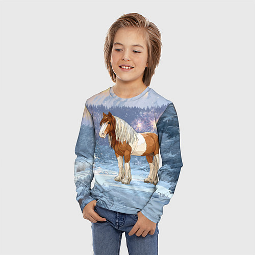 Детский лонгслив Новогодняя лошадка в лесу / 3D-принт – фото 3