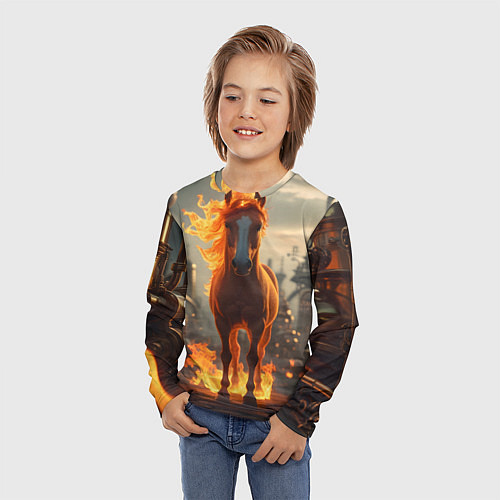 Детский лонгслив Огненная лошадь в стиле стимпанк / 3D-принт – фото 3