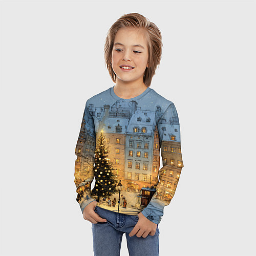 Детский лонгслив Новый год в старом уютном городе / 3D-принт – фото 3