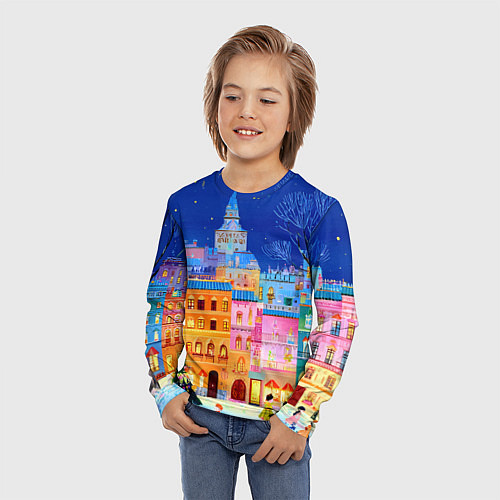 Детский лонгслив Разноцветные новогодние домики / 3D-принт – фото 3