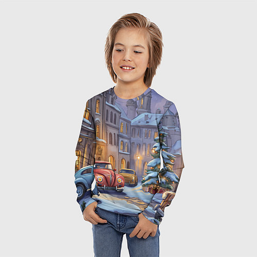 Детский лонгслив Новогодний снежный двор / 3D-принт – фото 3