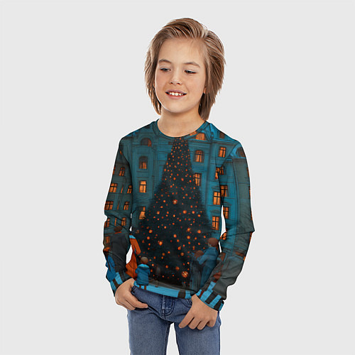 Детский лонгслив Люди встречают новый год во дворе / 3D-принт – фото 3