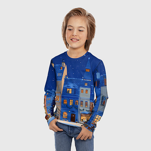Детский лонгслив Синяя новогодняя елочка во дворе / 3D-принт – фото 3