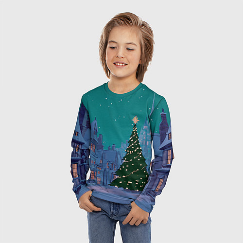 Детский лонгслив Зеленая новогодняя елка во вдоре / 3D-принт – фото 3