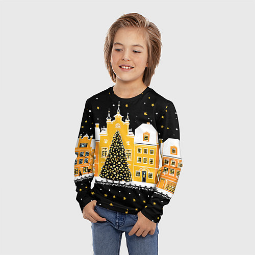 Детский лонгслив Новогодняя ночь в городе / 3D-принт – фото 3
