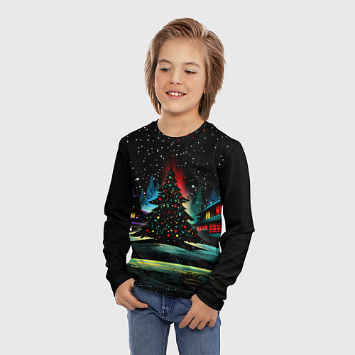 Детский лонгслив Новый год на черном фоне / 3D-принт – фото 3