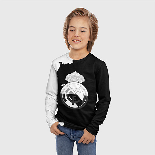 Детский лонгслив Реал Мадрид черно белые краски / 3D-принт – фото 3