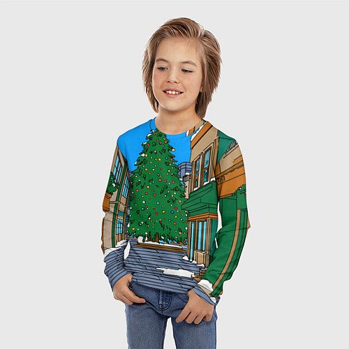 Детский лонгслив Мультяшный новогодний двор / 3D-принт – фото 3