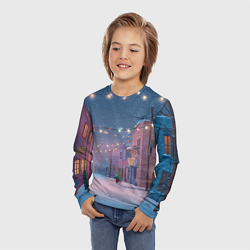 Детский лонгслив Новогодняя пустая улица / 3D-принт – фото 3