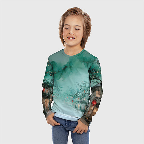 Детский лонгслив Новогодняя туманная улица / 3D-принт – фото 3