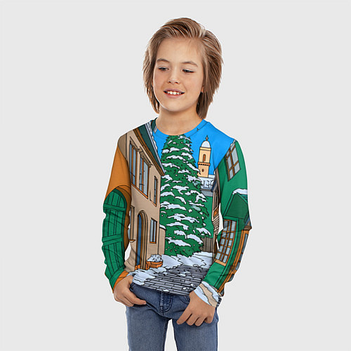 Детский лонгслив Новогодняя мультяшная улица / 3D-принт – фото 3
