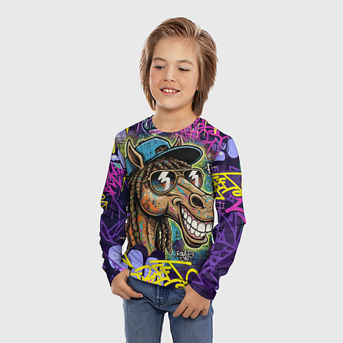 Детский лонгслив Лошадь в очках граффити / 3D-принт – фото 3