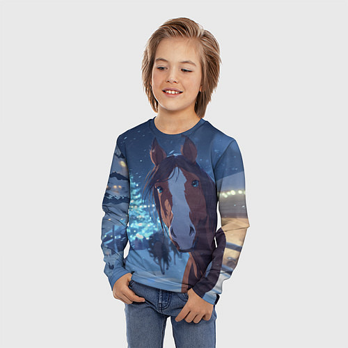 Детский лонгслив Лошадь на фоне новогодней елки / 3D-принт – фото 3