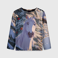 Детский лонгслив Белая лошадь на фоне елки