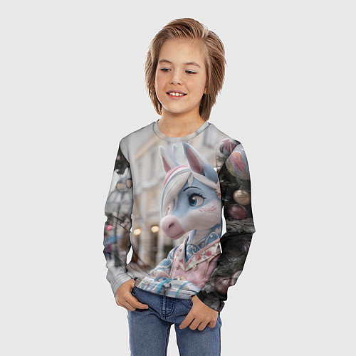 Детский лонгслив Новогодняя лошадка у елки / 3D-принт – фото 3