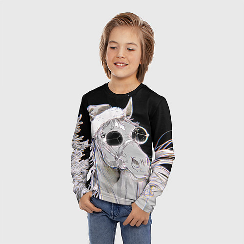 Детский лонгслив Новогодняя лошадь в круглых очках / 3D-принт – фото 3