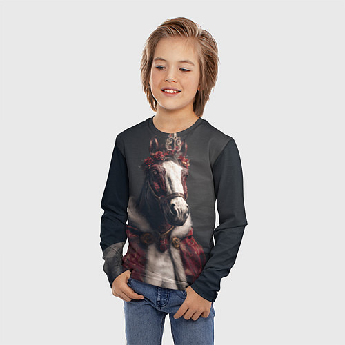 Детский лонгслив Лошадь в новогоднем костюме / 3D-принт – фото 3