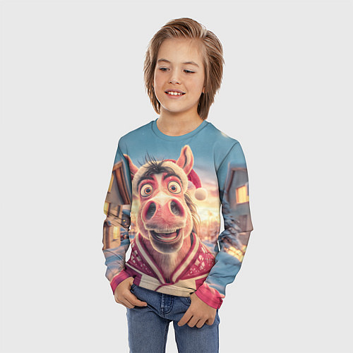 Детский лонгслив Счастливая новогодняя лошадь / 3D-принт – фото 3