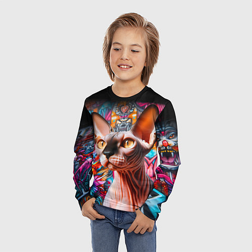 Детский лонгслив Sphynx on a graffiti background / 3D-принт – фото 3