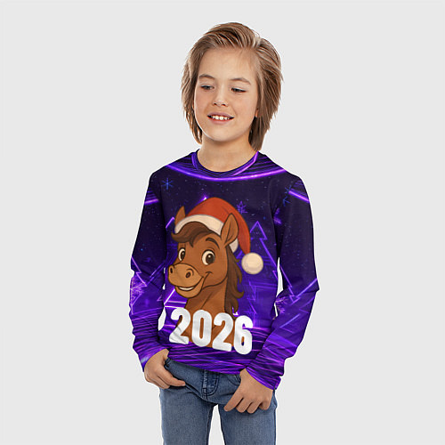 Детский лонгслив 2026 новогодняя лошадка на фоне фиолетовых елок / 3D-принт – фото 3