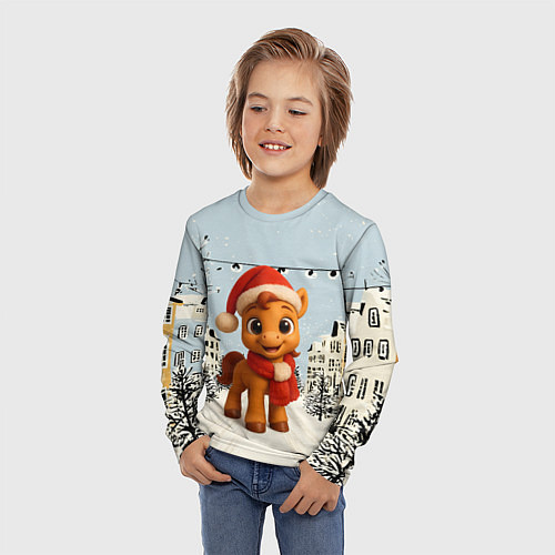 Детский лонгслив Милая новогодняя лошадка с шарфом / 3D-принт – фото 3