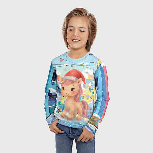 Детский лонгслив Лошадка с новогоднем венком / 3D-принт – фото 3