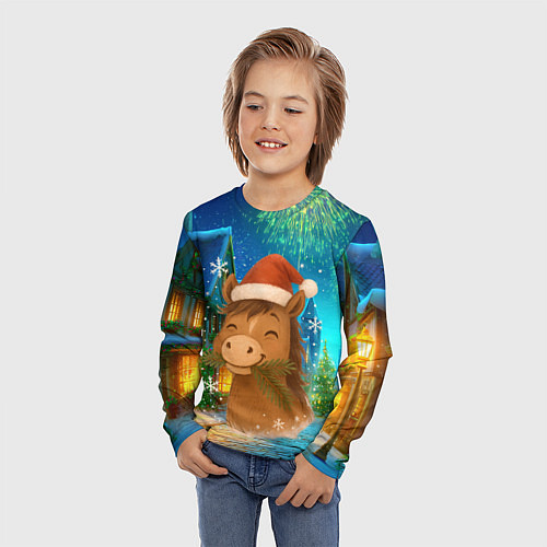 Детский лонгслив Новогодняя лошадка жует елочные ветки / 3D-принт – фото 3